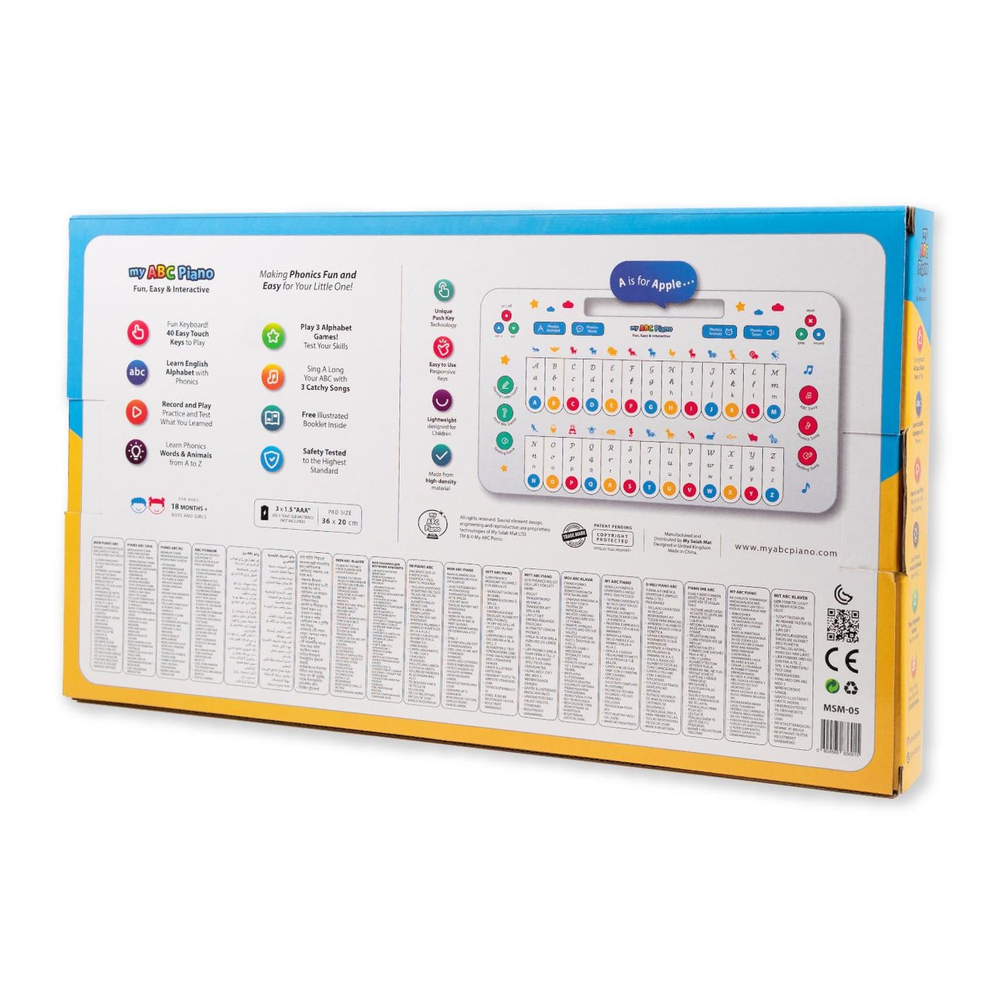 The back of the box of the my ABC Piano